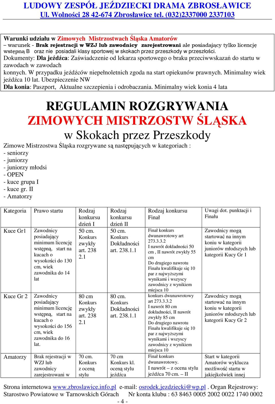 W przypadku jeźdźców niepełnoletnich zgoda na start opiekunów prawnych. Minimalny wiek jeźdźca 10 lat. Ubezpieczenie NW Dla konia: Paszport, ktualne szczepienia i odrobaczania.