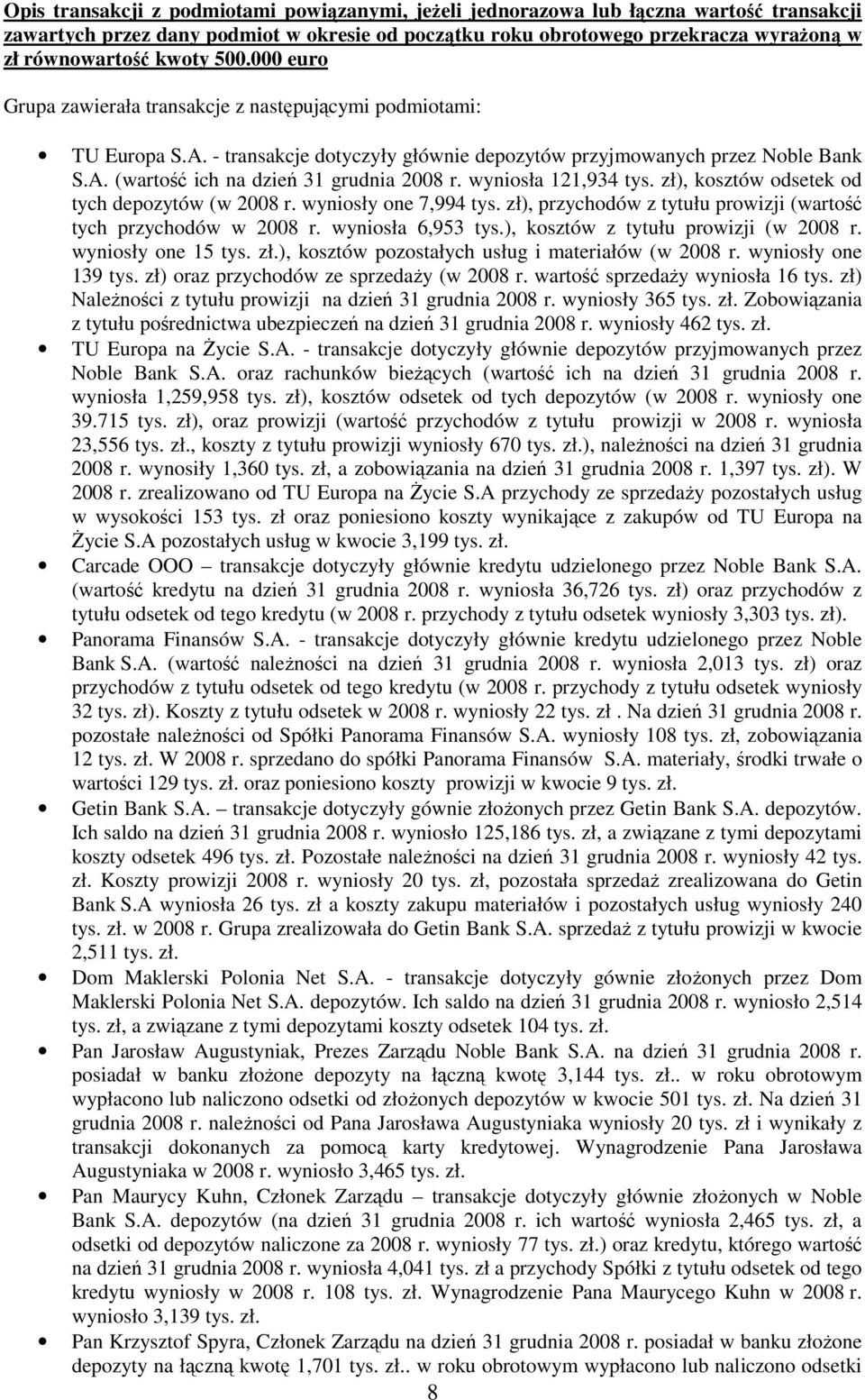 wyniosła 121,934 tys. zł), kosztów odsetek od tych depozytów (w 2008 r. wyniosły one 7,994 tys. zł), przychodów z tytułu prowizji (wartość tych przychodów w 2008 r. wyniosła 6,953 tys.