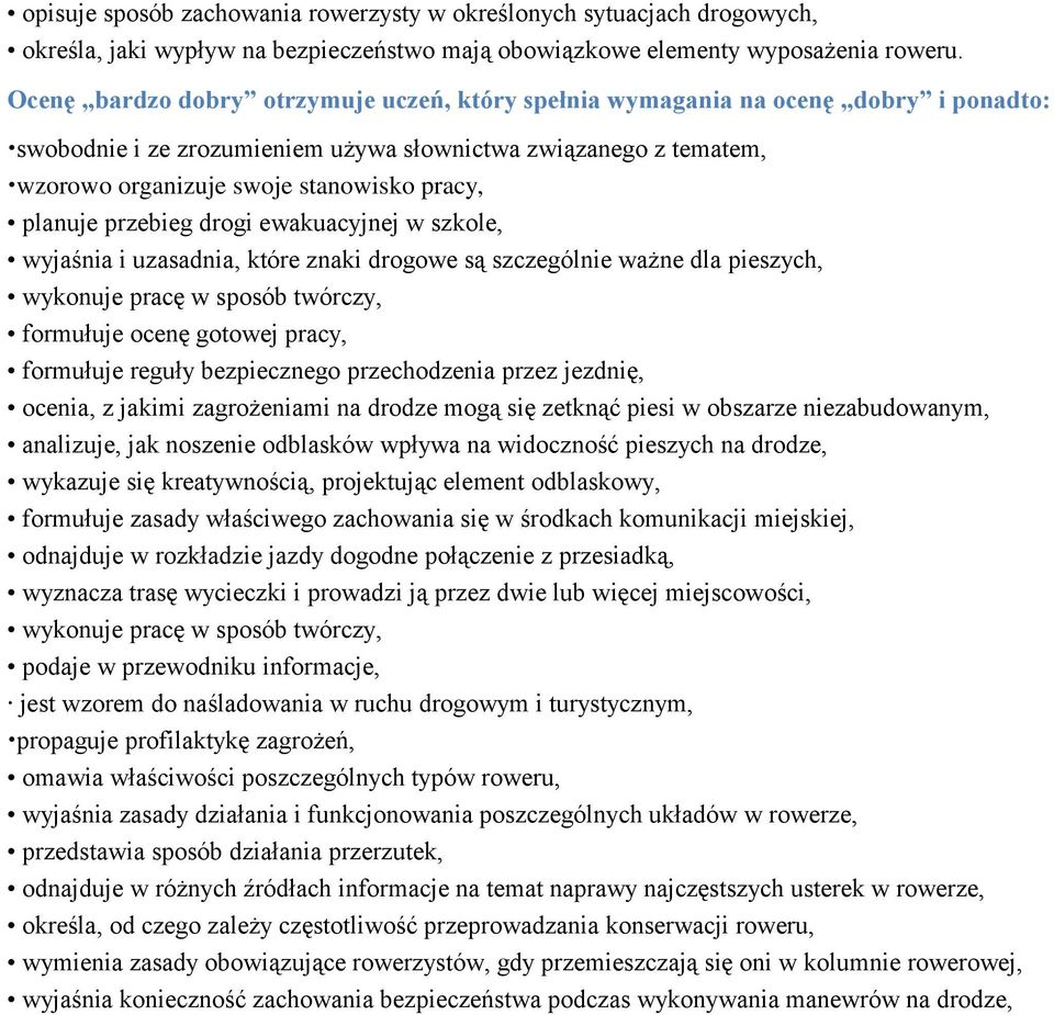 planuje przebieg drogi ewakuacyjnej w szkole, wyjaśnia i uzasadnia, które znaki drogowe są szczególnie ważne dla pieszych, wykonuje pracę w sposób twórczy, formułuje ocenę gotowej pracy, formułuje