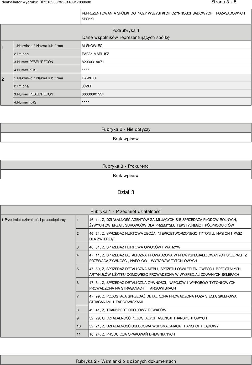 Numer PESEL/REGON 66030301551 4.Numer KRS **** Rubryka 2 - Nie dotyczy Rubryka 3 - Prokurenci Dział 3 Rubryka 1 - Przedmiot działalności 1.