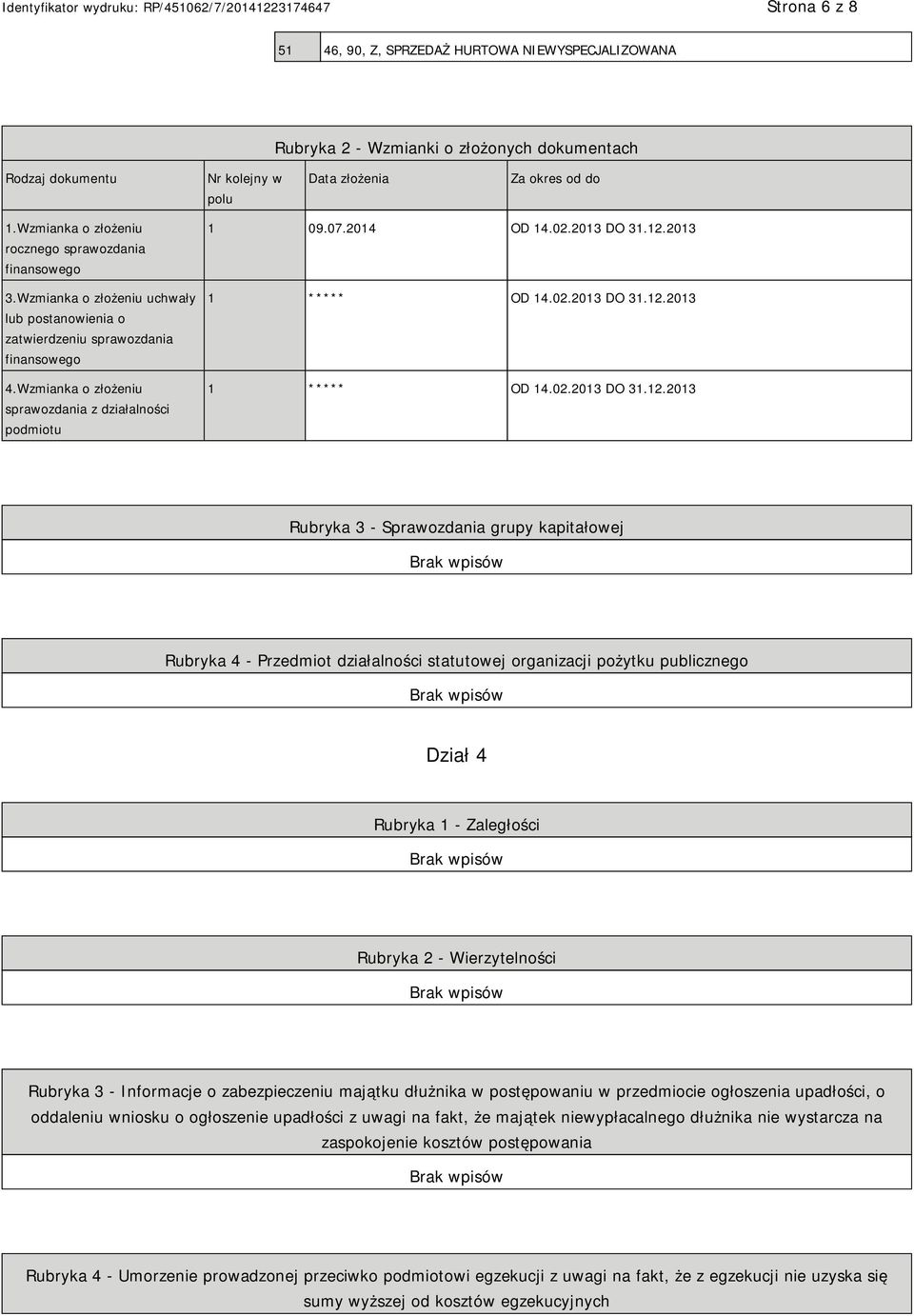 Wzmianka o złożeniu sprawozdania z działalności podmiotu 1 09.07.2014 OD 14.02.2013 DO 31.12.