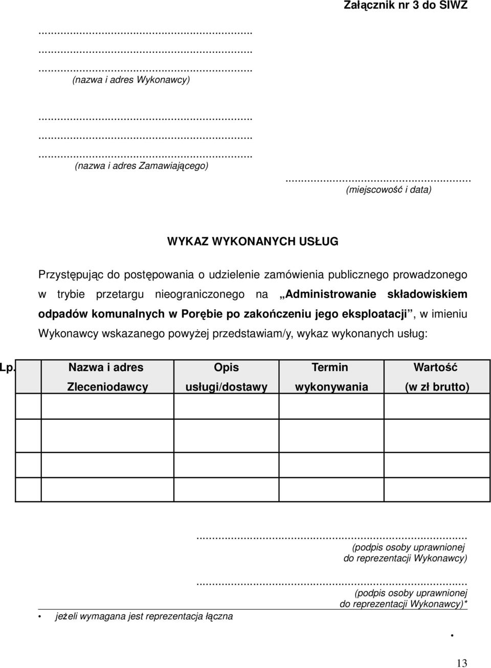 Administrowanie składowiskiem odpadów komunalnych w Porębie po zakończeniu jego eksploatacji, w imieniu Wykonawcy wskazanego powyŝej przedstawiam/y, wykaz wykonanych