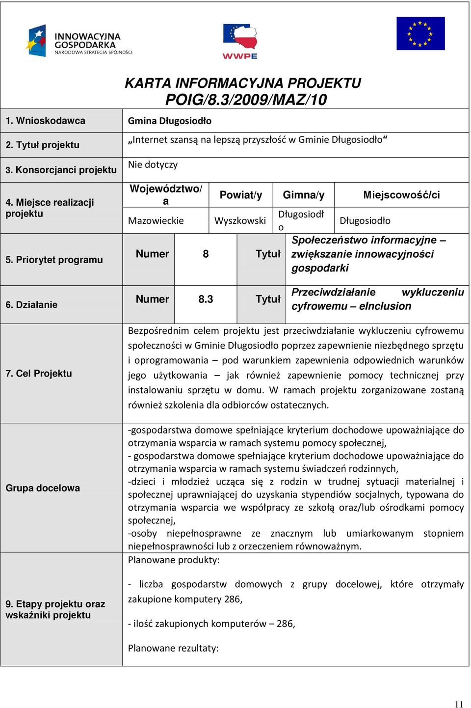 informacyjne Numer 8 Tytuł zwiększanie innowacyjności gospodarki 6. Działanie Numer 8.3 Tytuł Przeciwdziałanie wykluczeniu cyfrowemu einclusion 7. Cel Projektu Grupa docelowa 9.