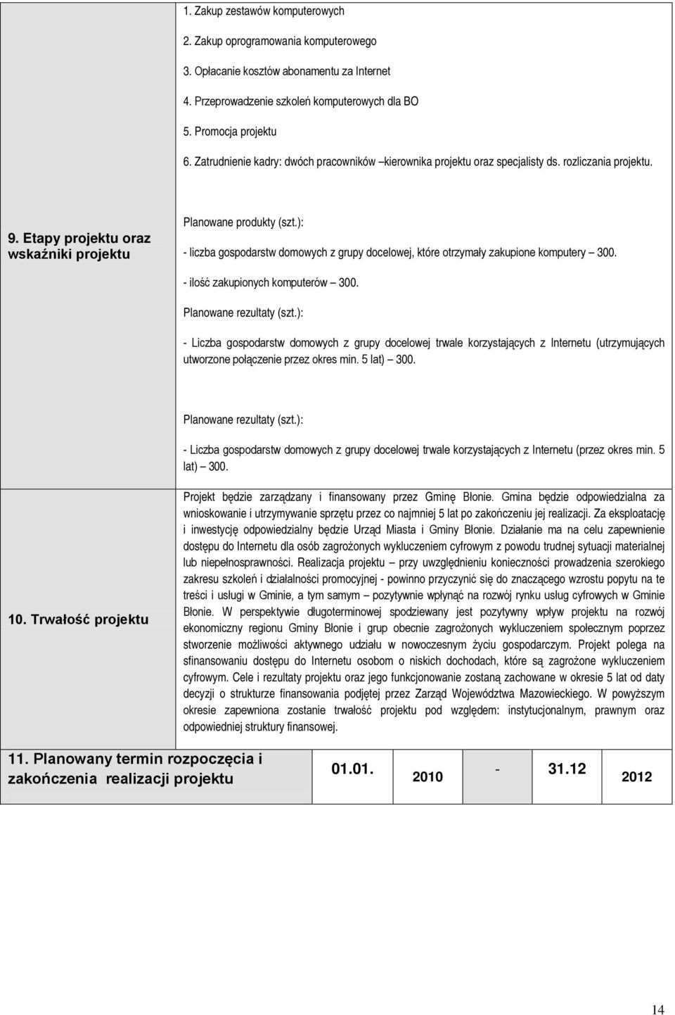 ): - liczba gospodarstw domowych z grupy docelowej, które otrzymały zakupione komputery 300. - ilość zakupionych komputerów 300. Planowane rezultaty (szt.