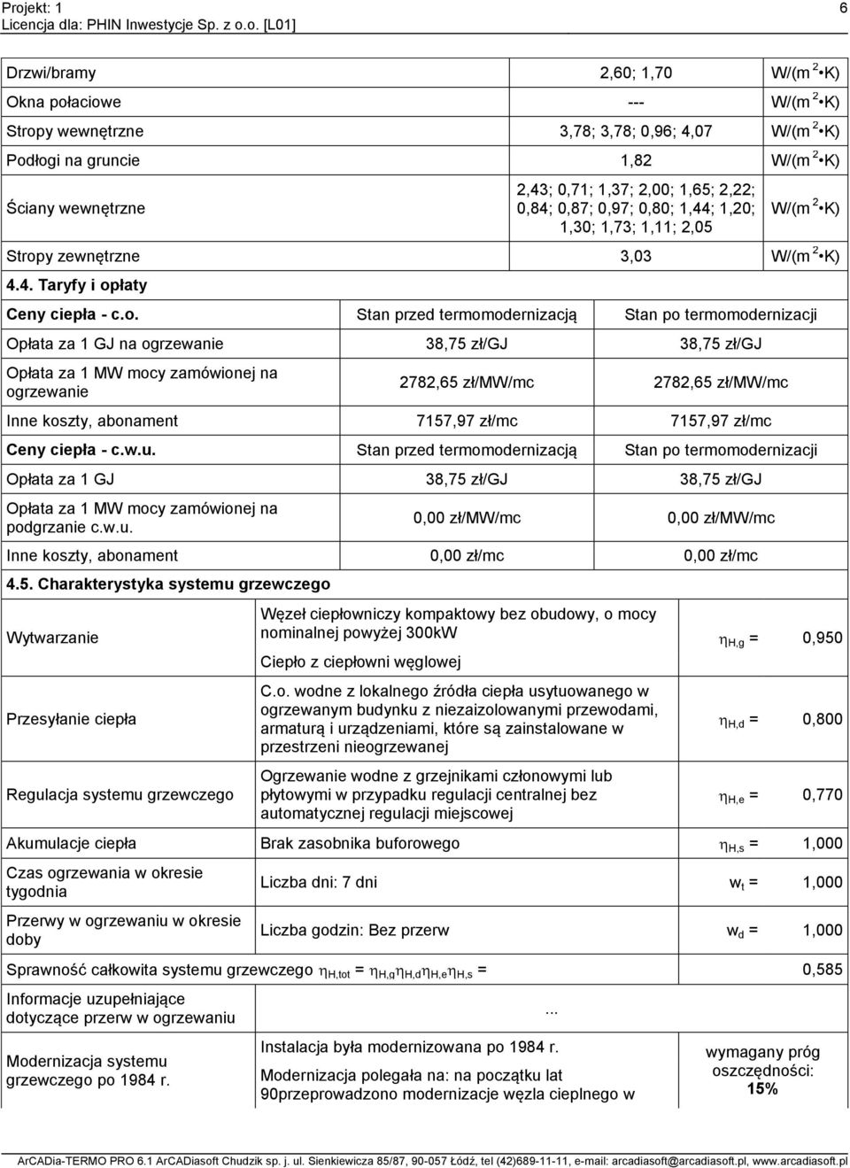 y zewnętrzne 3,03 W/(m 2 K) 4.4. Taryfy i op