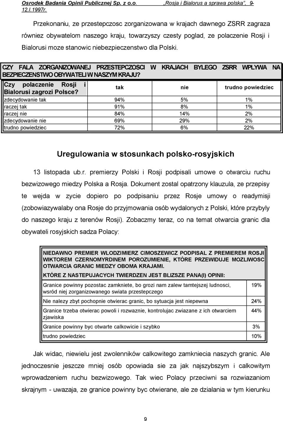 tak nie trudno powiedziec zdecydowanie tak 94% 5% 1% raczej tak 91% 8% 1% raczej nie 84% 14% 2% zdecydowanie nie 69% 29% 2% trudno powiedziec 72% 6% 22% Uregulowania w stosunkach polsko-rosyjskich 13