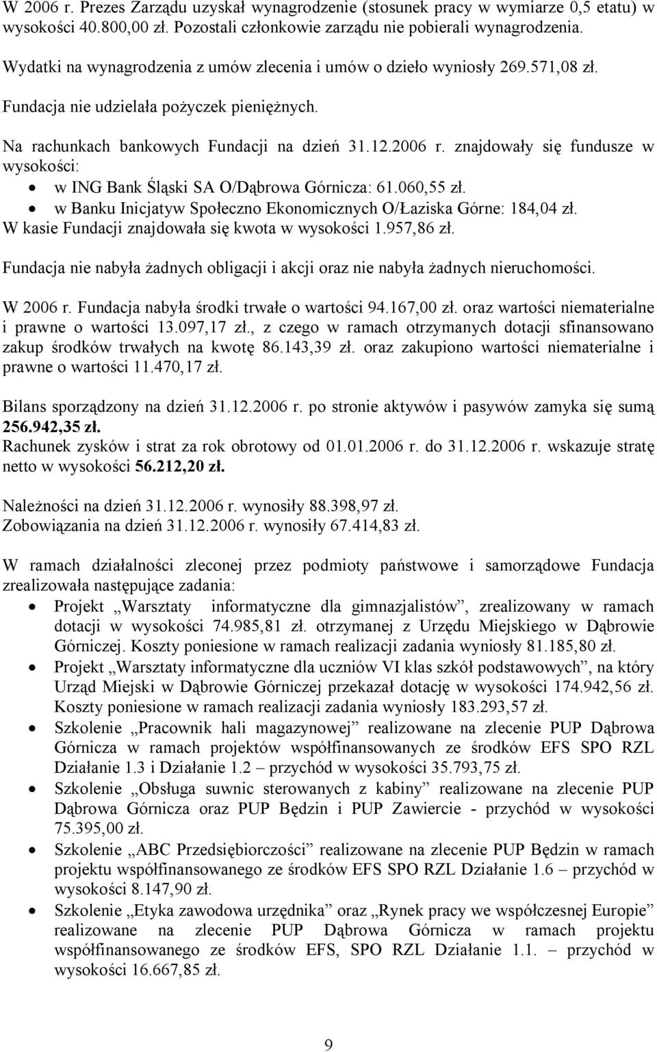 znajdowały się fundusze w wysokości: w ING Bank Śląski SA O/Dąbrowa Górnicza: 61.060,55 zł. w Banku Inicjatyw Społeczno Ekonomicznych O/Łaziska Górne: 184,04 zł.