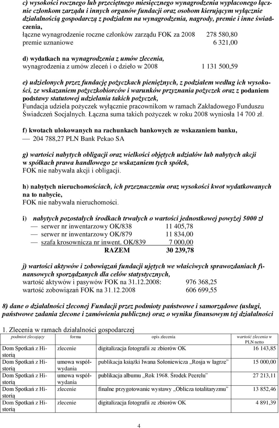 wynagrodzenia z umów zleceń i o dzieło w 2008 1 131 500,59 e) udzielonych przez fundację pożyczkach pieniężnych, z podziałem według ich wysokości, ze wskazaniem pożyczkobiorców i warunków przyznania