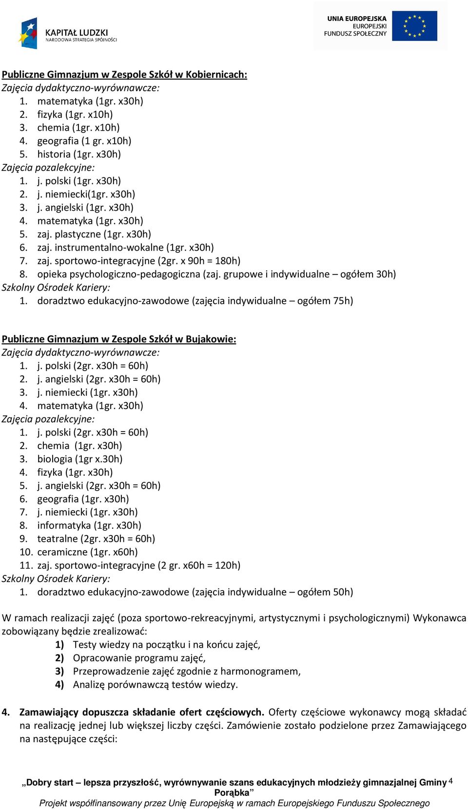 x30h) 7. zaj. sportowo-integracyjne (2gr. x 90h = 180h) 8. opieka psychologiczno-pedagogiczna (zaj. grupowe i indywidualne ogółem 30h) Szkolny Ośrodek Kariery: 1.