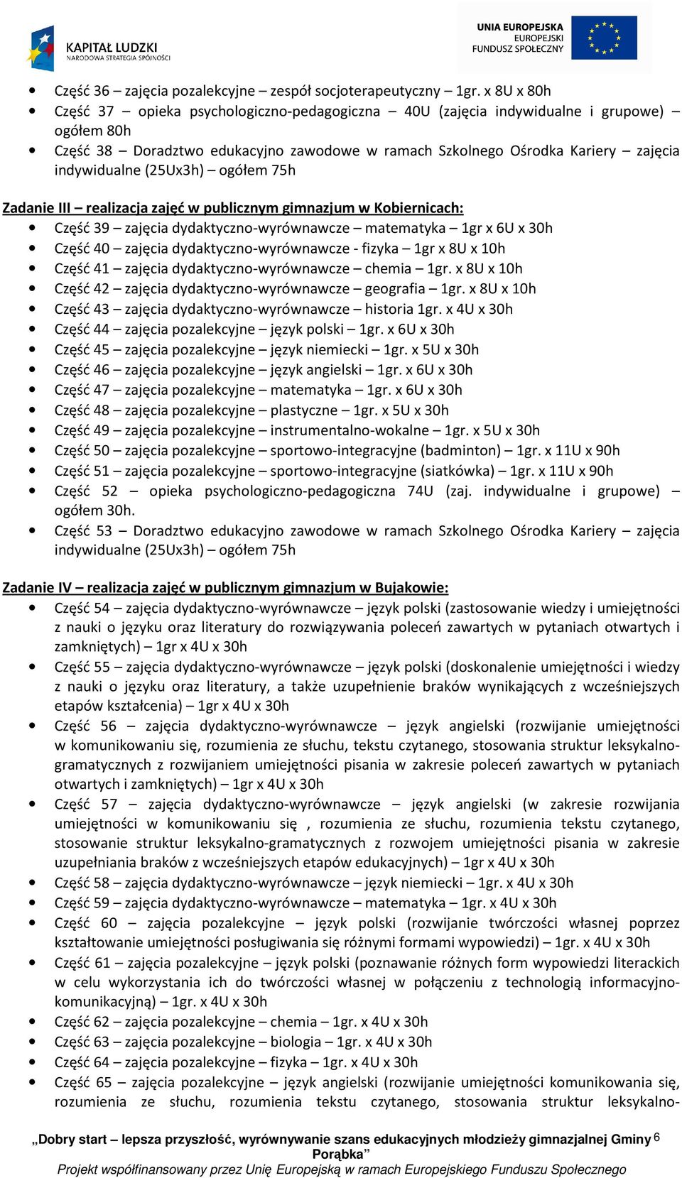 (25Ux3h) ogółem 75h Zadanie III realizacja zajęć w publicznym gimnazjum w Kobiernicach: Część 39 zajęcia dydaktyczno-wyrównawcze matematyka 1gr x 6U x 30h Część 40 zajęcia dydaktyczno-wyrównawcze -