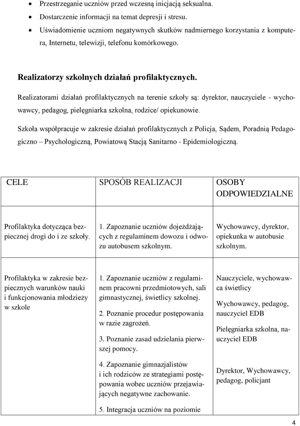 Realizatorami działań profilaktycznych na terenie szkoły są: dyrektor, nauczyciele - wychowawcy, pedagog, pielęgniarka szkolna, rodzice/ opiekunowie.