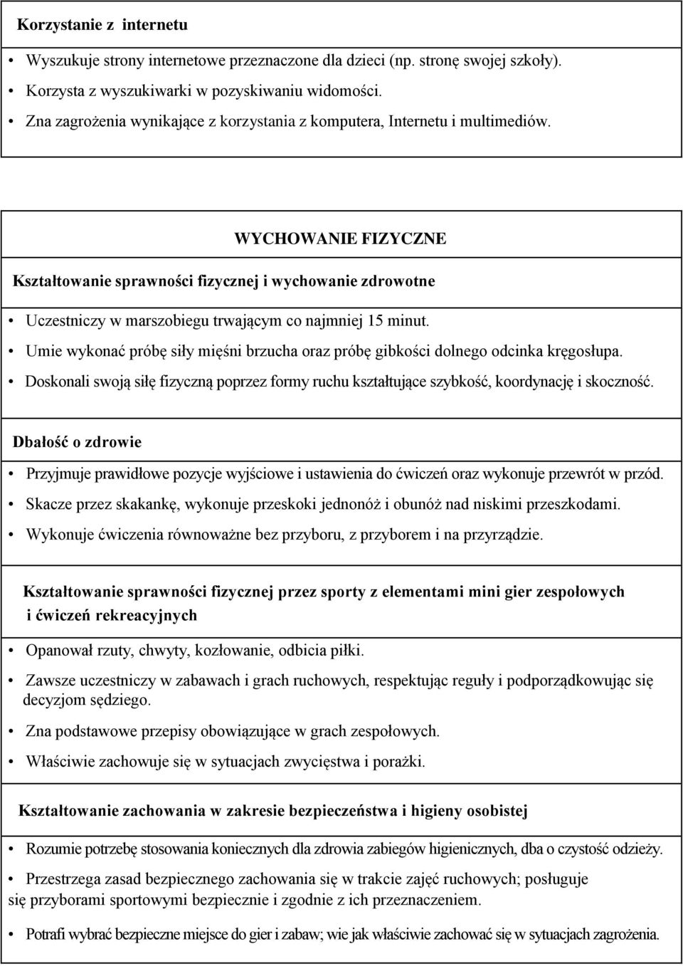 WYCHOWANIE FIZYCZNE Kształtowanie sprawności fizycznej i wychowanie zdrowotne Uczestniczy w marszobiegu trwającym co najmniej 15 minut.