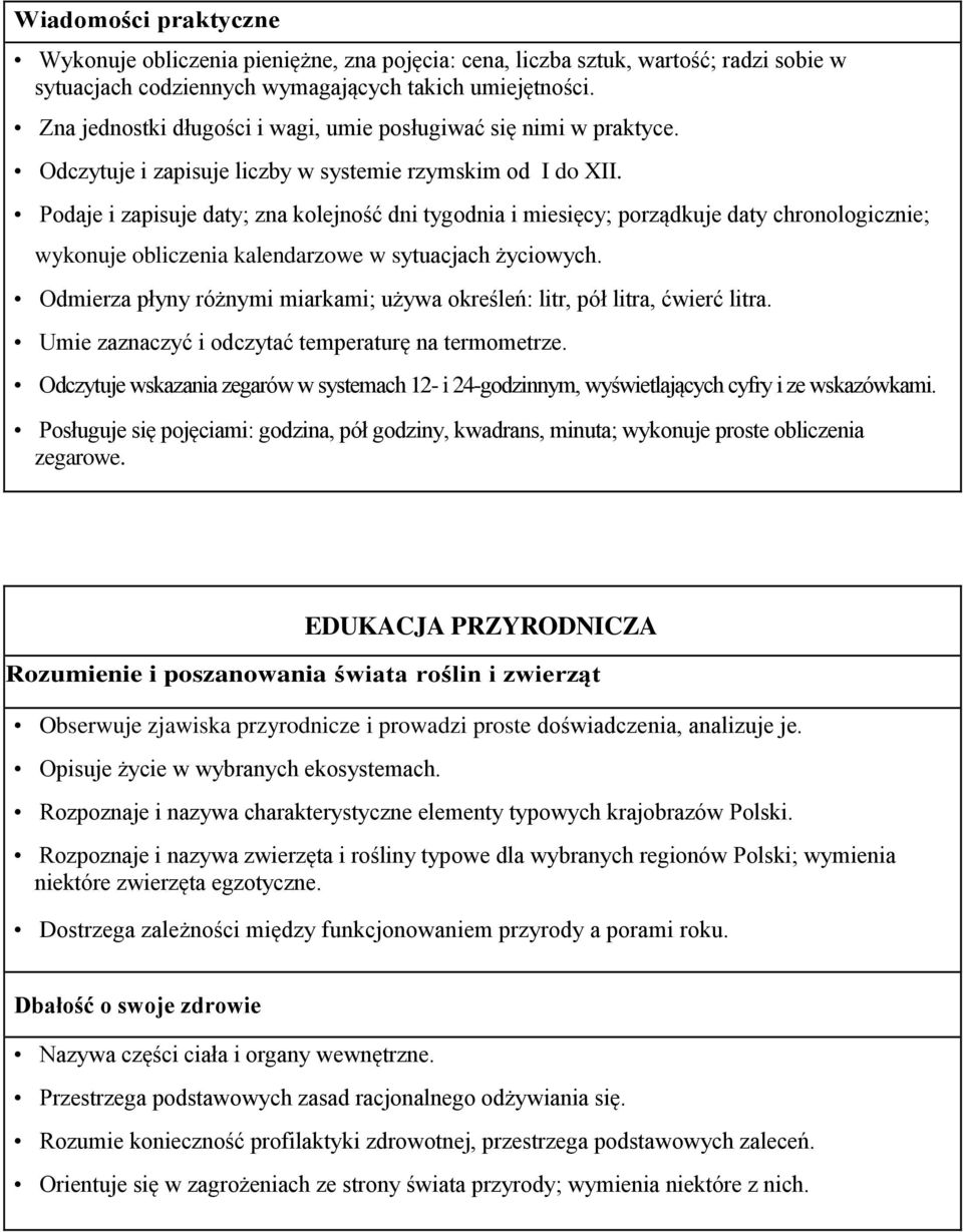 Podaje i zapisuje daty; zna kolejność dni tygodnia i miesięcy; porządkuje daty chronologicznie; wykonuje obliczenia kalendarzowe w sytuacjach życiowych.