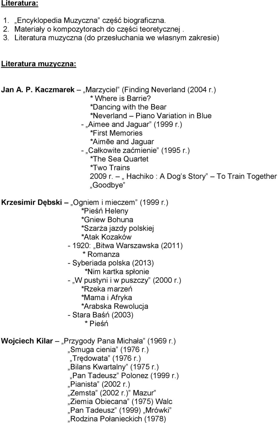 ) *First Memories *Aimēe and Jaguar - Całkowite zaćmienie (1995 r.) *The Sea Quartet *Two Trains 2009 r. Hachiko : A Dog s Story To Train Together Goodbye Krzesimir Dębski Ogniem i mieczem (1999 r.