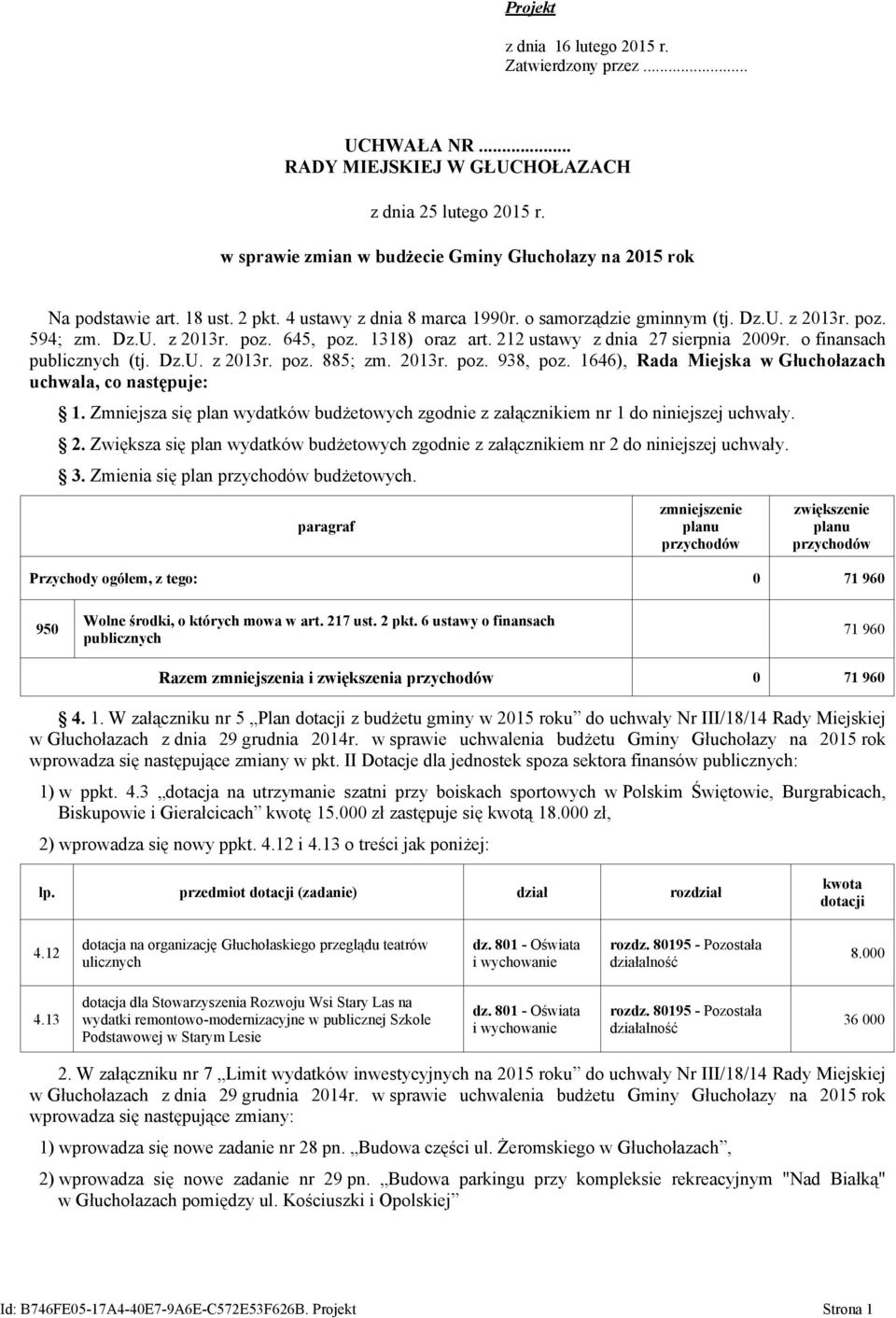 o finansach publicznych (tj. Dz.U. z 2013r. poz. 885; zm. 2013r. poz. 938, poz. 1646), Rada Miejska w Głuchołazach uchwala, co następuje: 1.