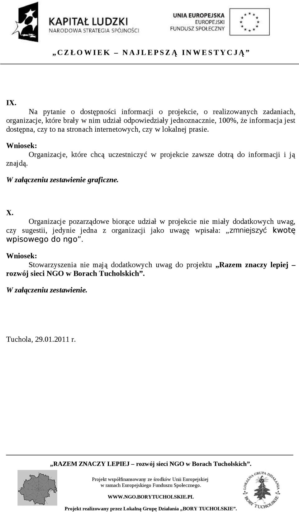 Organizacje pozarządowe biorące udział w projekcie nie miały dodatkowych uwag, czy sugestii, jedynie jedna z organizacji jako uwagę wpisała: zmniejszyć kwotę