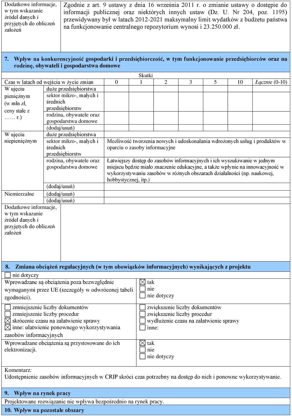 1195) przewidywany był w latach 2012-2021 maksymalny limit wydatków z budżetu państwa na funkcjonowanie centralnego repozytorium wynosi i 23.250.000 zł. 7.