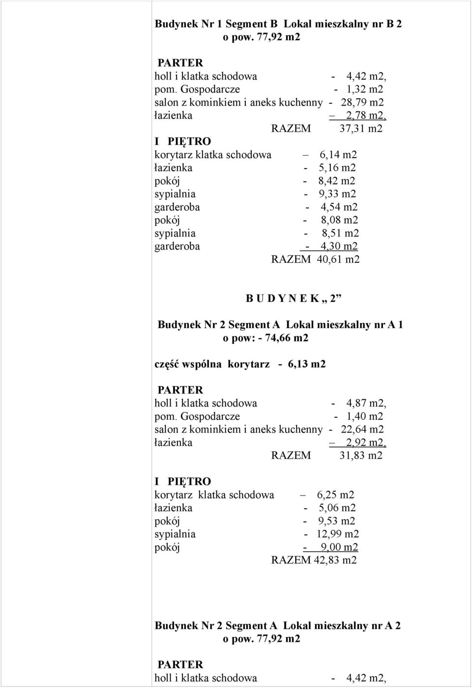 m2-9,33 m2-4,54 m2-8,08 m2-8,51 m2-4,30 m2 RAZEM 40,61 m2 B U D Y N E K,, 2 Budynek Nr 2 Segment A Lokal mieszkalny nr A 1 o pow: - 74,66 m2 część wspólna korytarz - 6,13