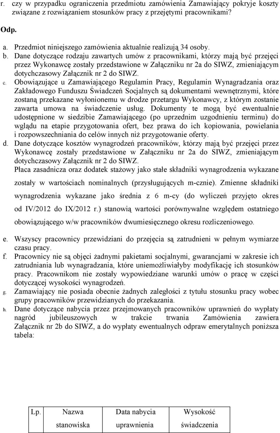 Dane dotyczące rodzaju zawartych umów z pracownikami, którzy mają być przejęci przez Wykonawcę zostały przedstawione w Załączniku nr 2a do SIWZ, zmieniającym dotychczasowy Załącznik nr 2 do SIWZ. c.