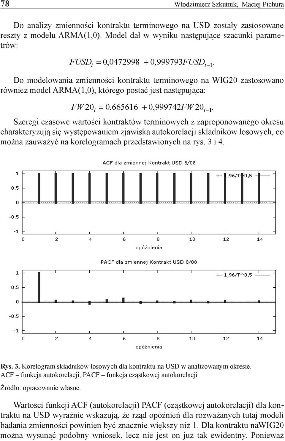 Do modelowania zmienności kontraktu terminowego na WIG20 zastosowano również model ARMA(1,0), którego postać jest następująca: FW 20t = 0,665616 + 0,999742FW 20 t 1.