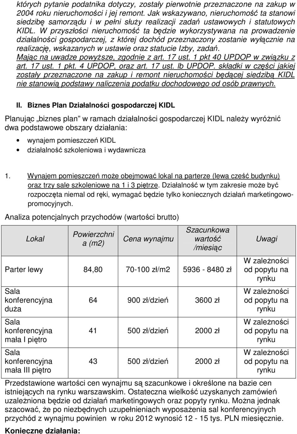 W przyszłości nieruchomość ta będzie wykorzystywana na prowadzenie działalności gospodarczej, z której dochód przeznaczony zostanie wyłącznie na realizację, wskazanych w ustawie oraz statucie Izby,