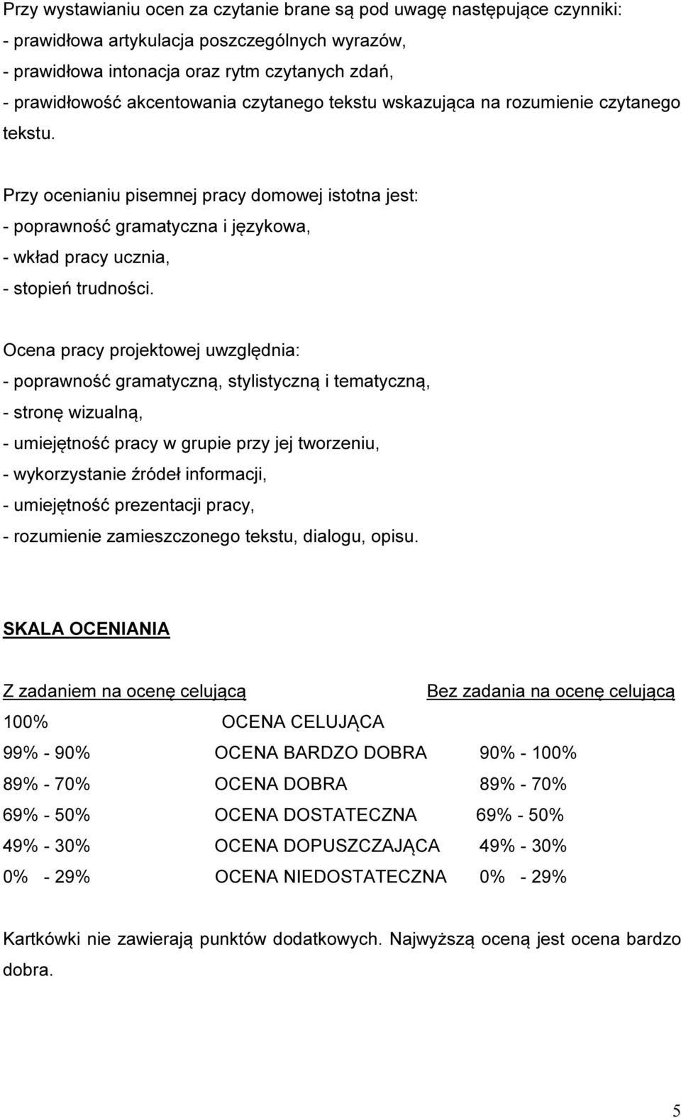 Przy ocenianiu pisemnej pracy domowej istotna jest: - poprawność gramatyczna i językowa, - wkład pracy ucznia, - stopień trudności.