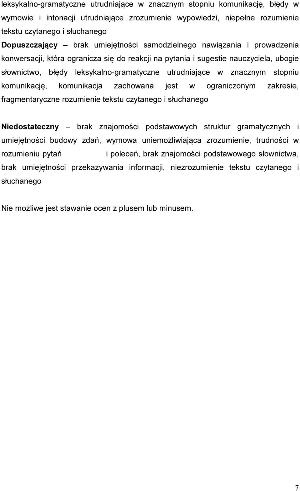 znacznym stopniu komunikację, komunikacja zachowana jest w ograniczonym zakresie, fragmentaryczne rozumienie tekstu czytanego i słuchanego Niedostateczny brak znajomości podstawowych struktur