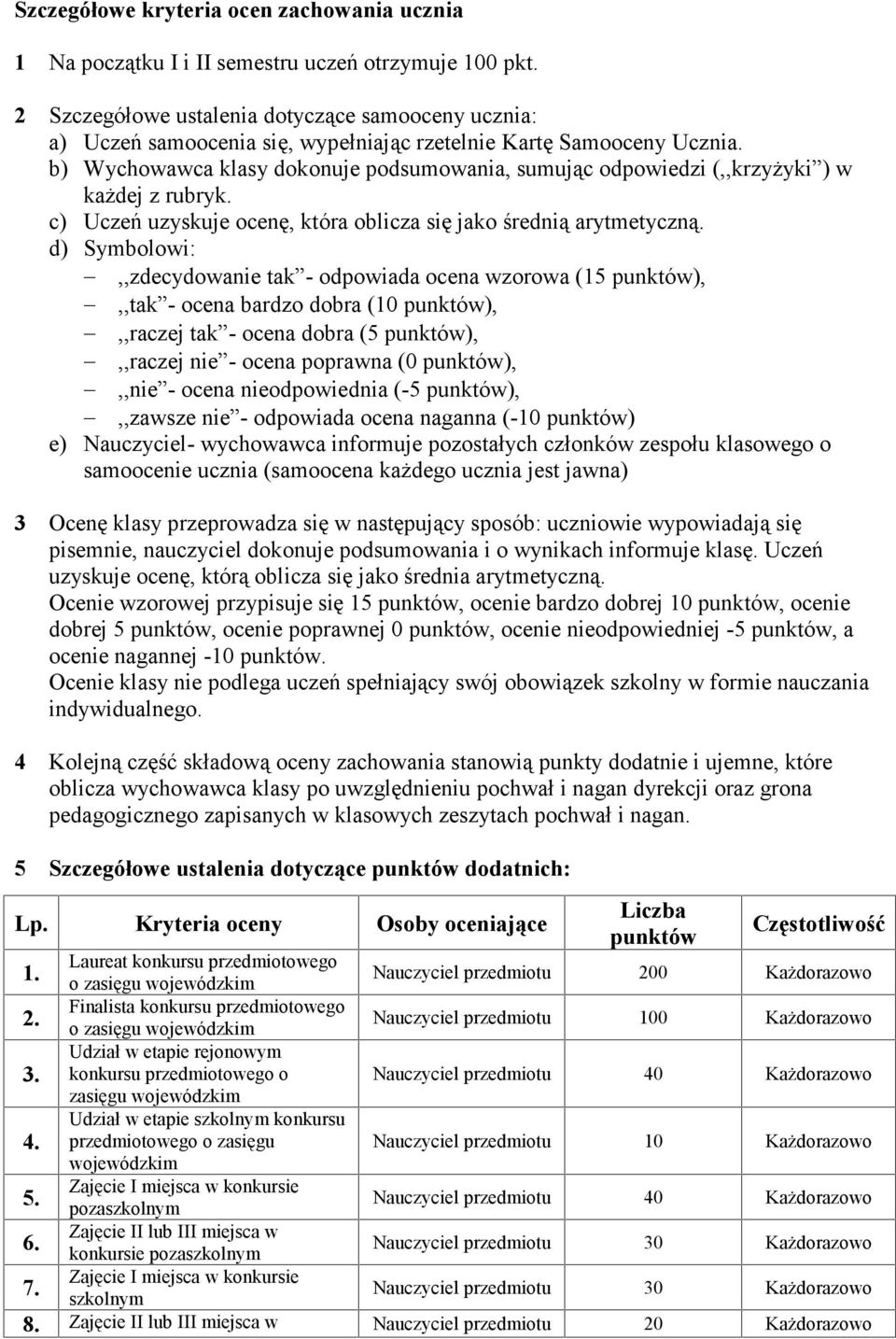 b) Wychowawca klasy dokonuje podsumowania, sumując odpowiedzi (,,krzyżyki ) w każdej z rubryk. c) Uczeń uzyskuje ocenę, która oblicza się jako średnią arytmetyczną.