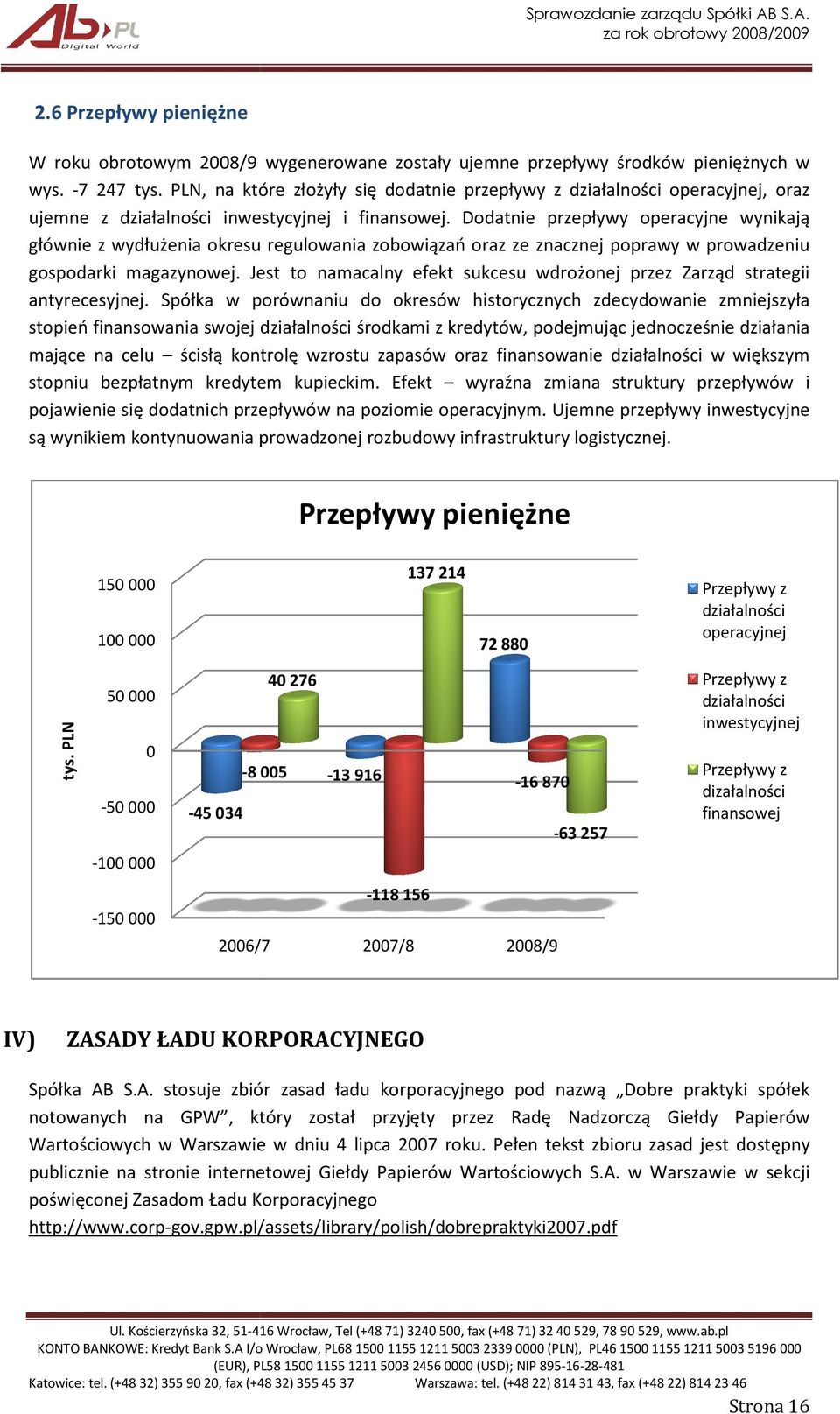 Dodatnie przepływy operacyjne wynikają głównie z wydłużenia okresu regulowania a zobowiązań oraz ze znacznej poprawy w prowadzeniu gospodarki magazynowej.