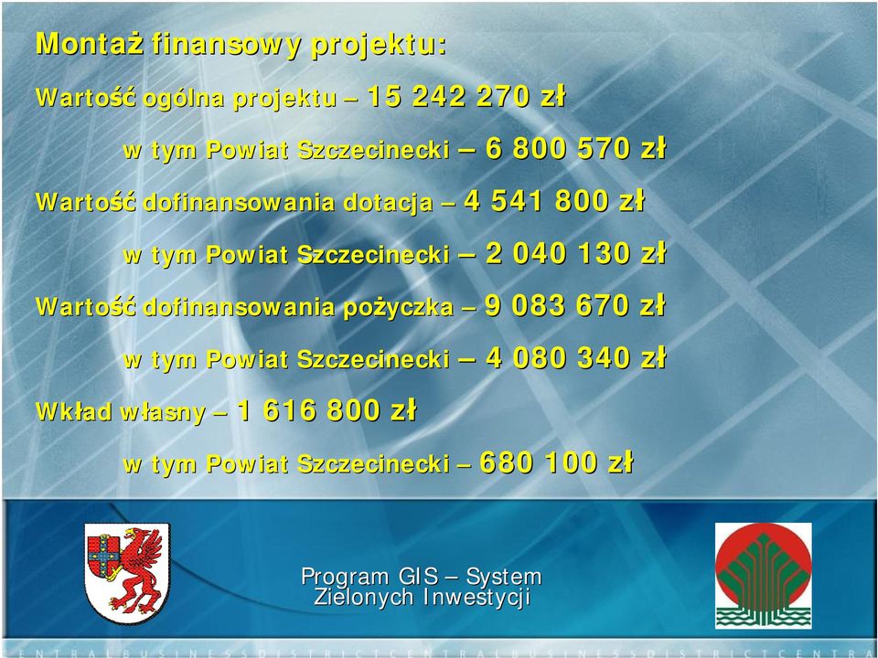 Wartość dofinansowania pożyczka 9 083 670 zł w tym Powiat Szczecinecki 4 080 340 zł Wkład