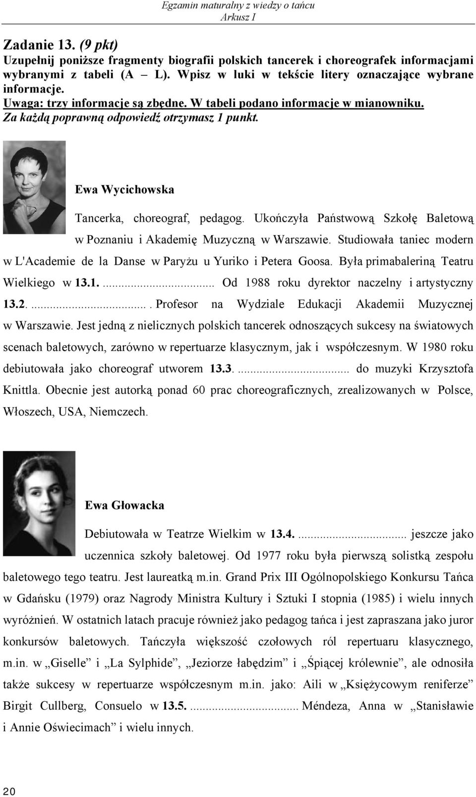 Ewa Wycichowska Tancerka, choreograf, pedagog. Ukończyła Państwową Szkołę Baletową w Poznaniu i Akademię Muzyczną w Warszawie.