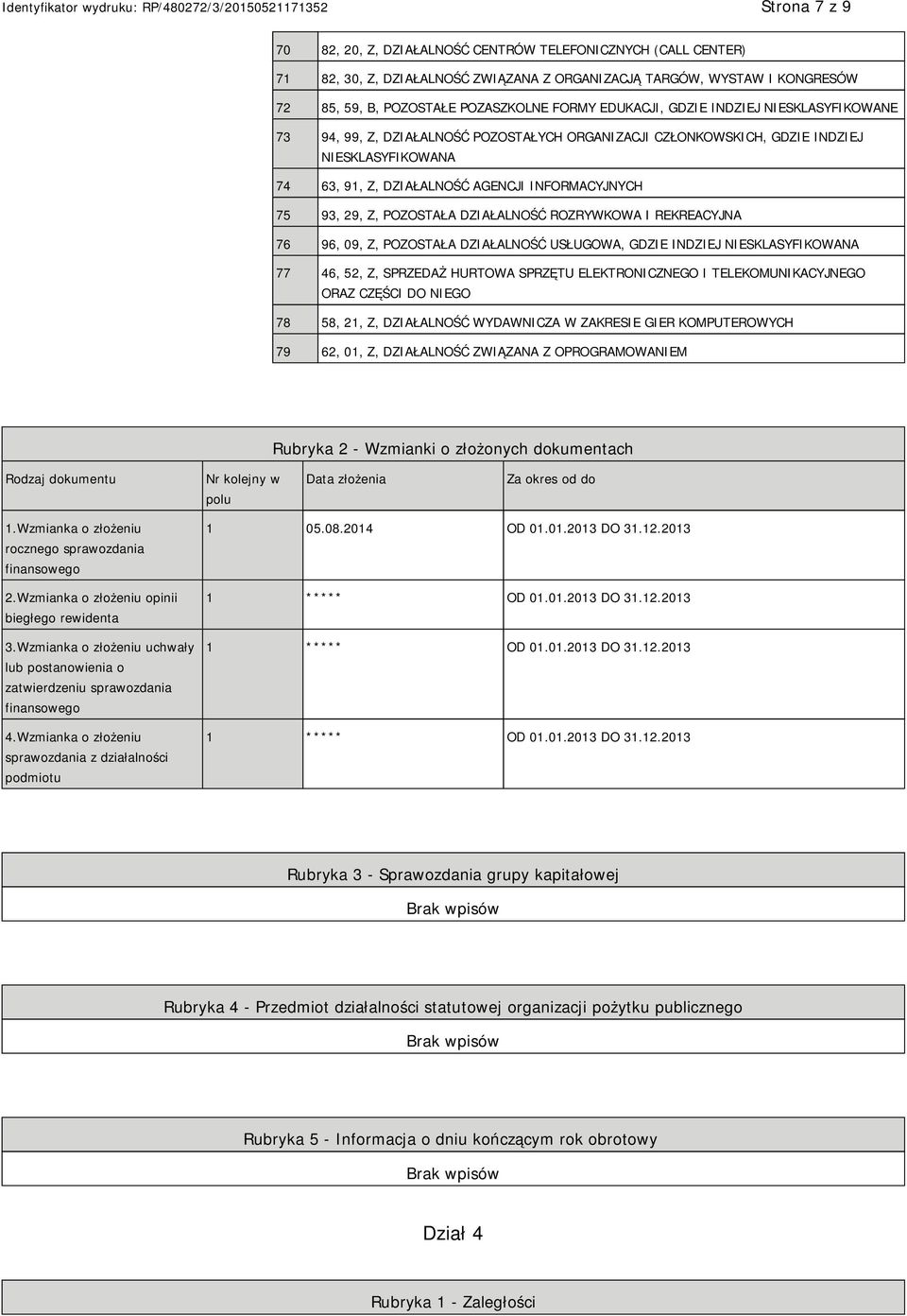 POZOSTAŁA DZIAŁALNOŚĆ ROZRYWKOWA I REKREACYJNA 76 96, 09, Z, POZOSTAŁA DZIAŁALNOŚĆ USŁUGOWA, GDZIE INDZIEJ SKLASYFIKOWANA 77 46, 52, Z, SPRZEDAŻ HURTOWA SPRZĘTU ELEKTRONICZNEGO I TELEKOMUNIKACYJNEGO