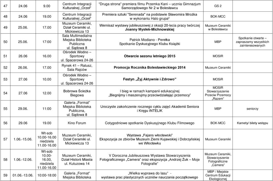 Spacerowa 24-26 Rynek 41 Ratusz, Sala Rajców Premiera sztuki "Serenada" na podstawie Sławomira Mrożka w wykonaniu Halo grupa 2 Wernisaż wystawy jubileuszowej z okazji 20-lecia pracy twórczej Joanny