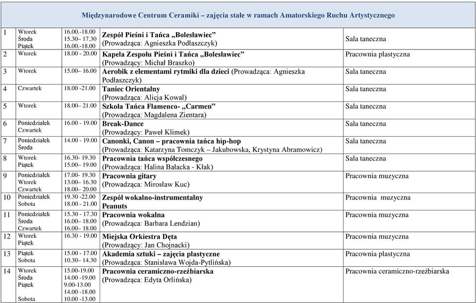 00 Taniec Orientalny (Prowadząca: Alicja Kowal) 5 Wtorek 18.00 21.