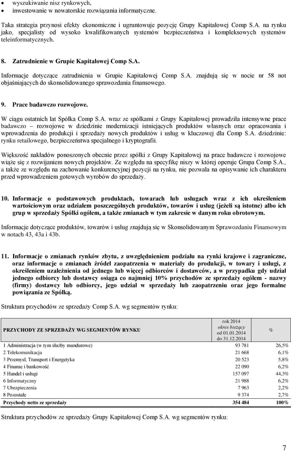 Informacje tyczące zatrudnienia w Grupie Kapitałowej Comp S.A. znajdują się w nocie nr 58 not objaśniających skonsoliwanego sprawozdania finansowego. 9. Prace badawczo rozwojowe.