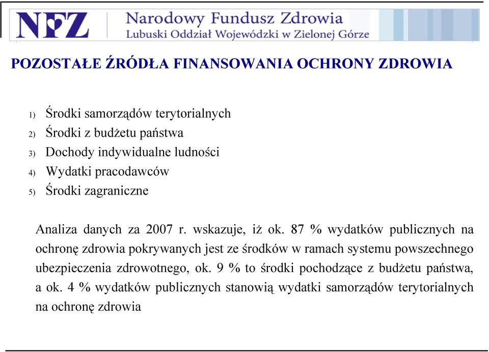 87 % wydatków publicznych na ochronę zdrowia pokrywanych jest ze środków w ramach systemu powszechnego ubezpieczenia