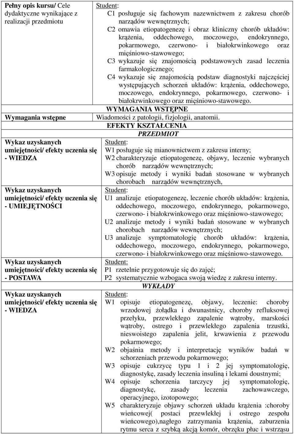 farmakologicznego; C4 wykazuje się znajomością podstaw diagnostyki najczęściej występujących schorzeń układów: krążenia, oddechowego, moczowego, endokrynnego, pokarmowego, czerwono- i
