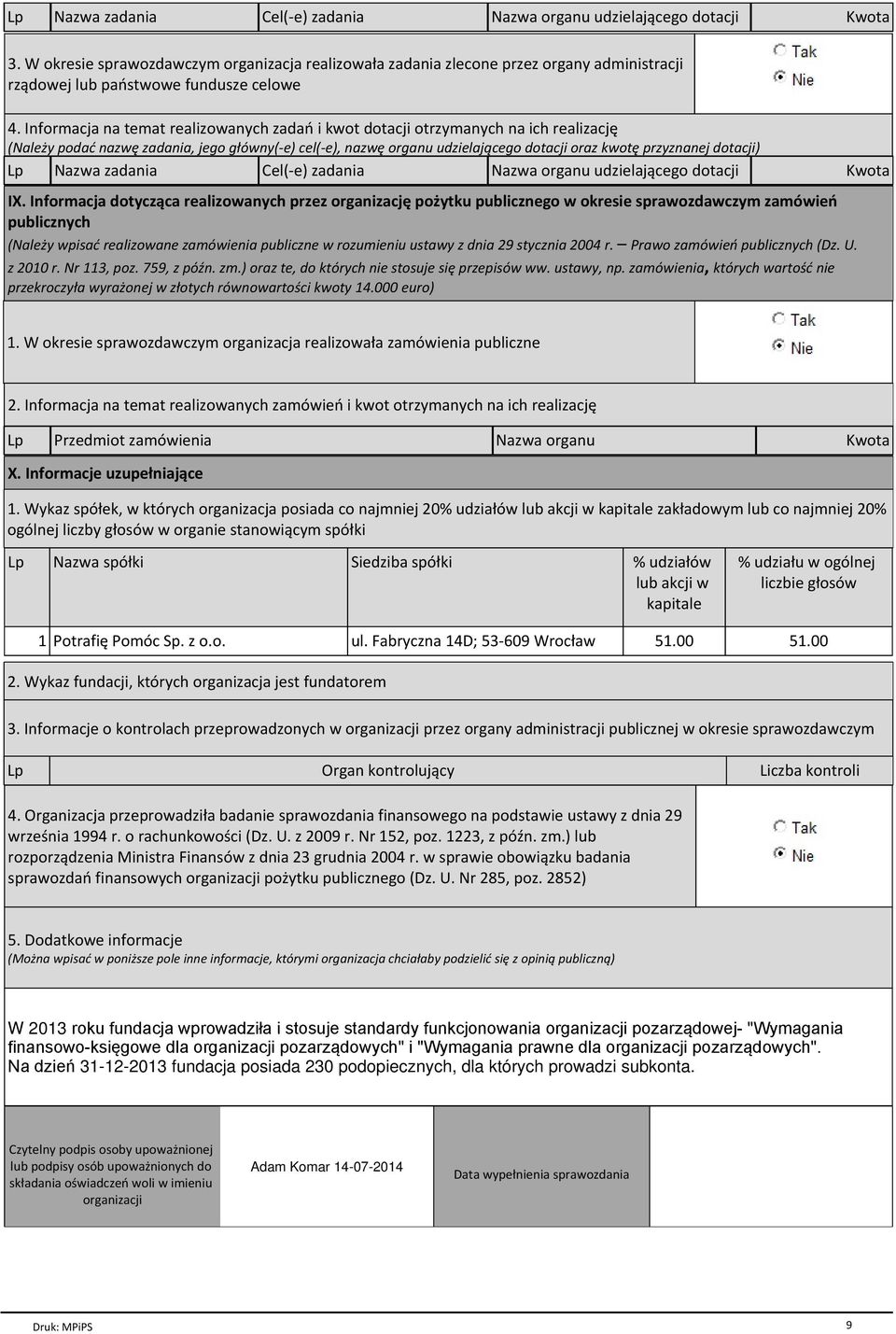 Informacja na temat realizowanych zadań i kwot dotacji otrzymanych na ich realizację (Należy podać nazwę zadania, jego główny(-e) cel(-e), nazwę organu udzielającego dotacji oraz kwotę przyznanej