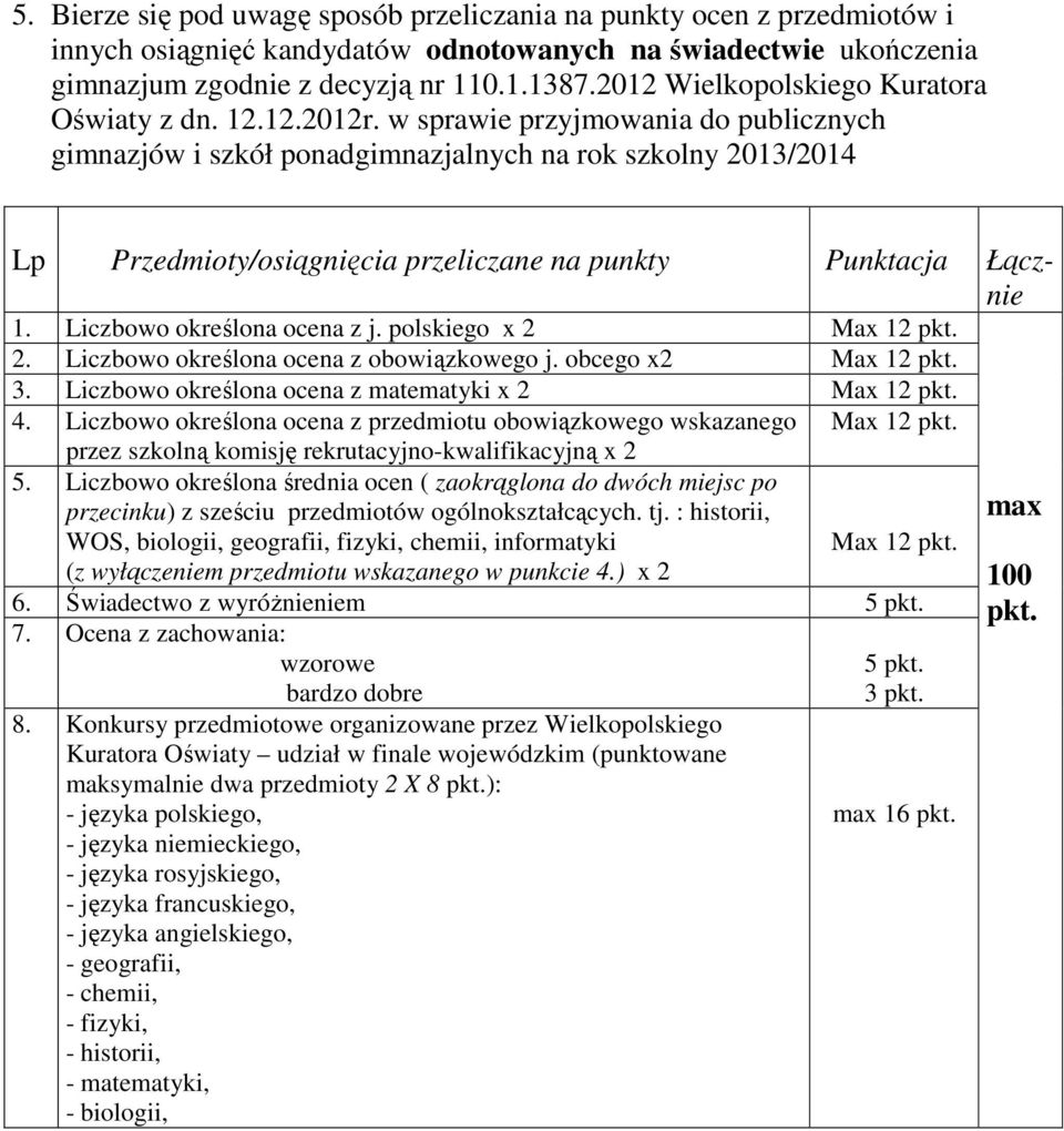 w sprawie przyjmowania do publicznych gimnazjów i szkół ponadgimnazjalnych na rok szkolny 2013/2014 Lp Przedmioty/osiągnięcia przeliczane na punkty Punktacja Łącznie 1. Liczbowo określona ocena z j.