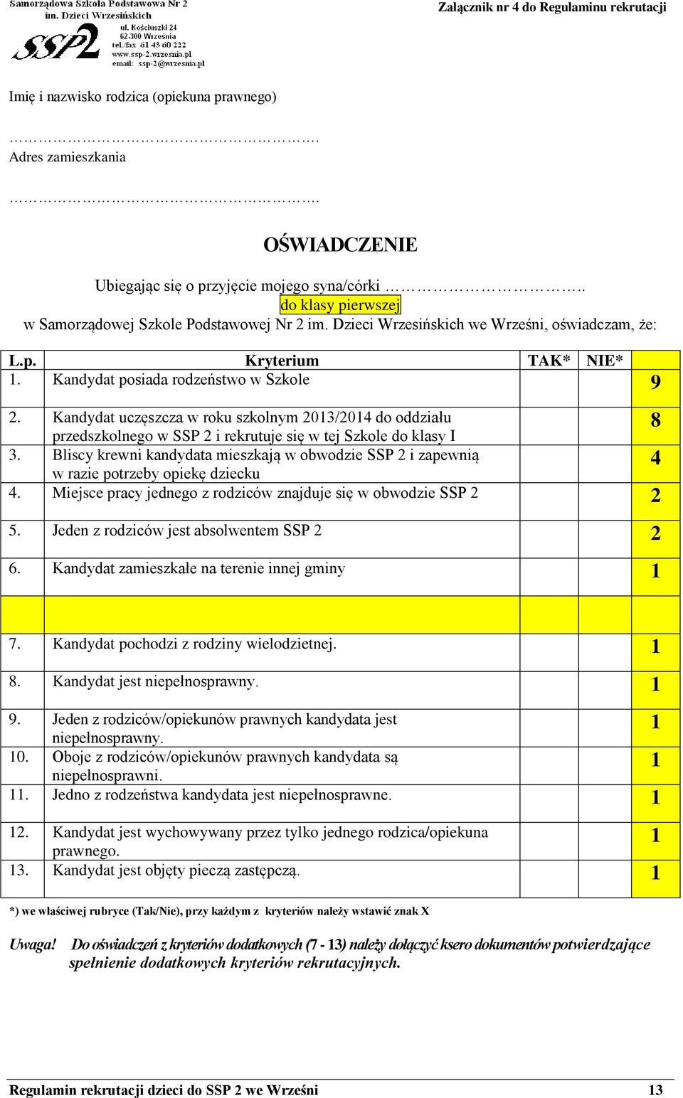 Kandydat uczęszcza w roku szkolnym 2013/2014 do oddziału przedszkolnego w SSP 2 i rekrutuje się w tej Szkole do klasy I 3.