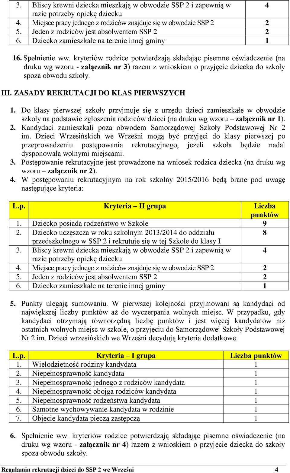 kryteriów rodzice potwierdzają składając pisemne oświadczenie (na druku wg wzoru - załącznik nr 3) razem z wnioskiem o przyjęcie dziecka do szkoły spoza obwodu szkoły. III.