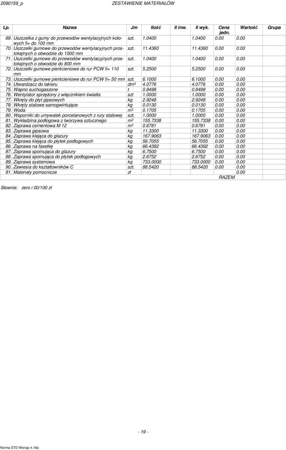 00 0.00 o obwodzie do 800 mm 72. Uszczelki gumowe pierścieniowe do rur PCW fi= 110 szt. 5500 5500 0.00 0.00 mm 73. Uszczelki gumowe pierścieniowe do rur PCW fi= 50 mm szt. 6000 6000 0.00 0.00 74.