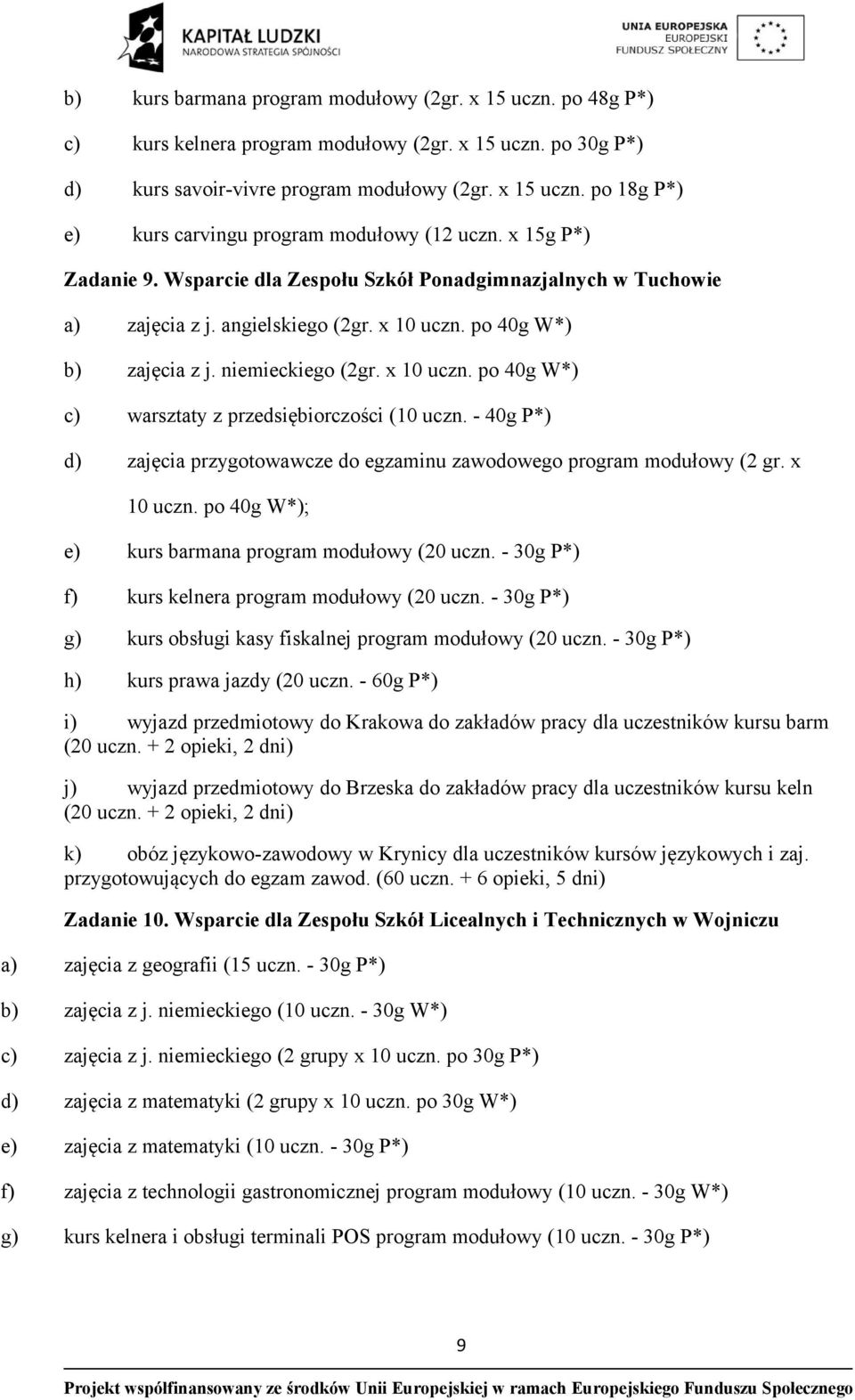 - 40g P*) d) zajęcia przygotowawcze do egzaminu zawodowego program modułowy (2 gr. x 10 uczn. po 40g W*); e) kurs barmana program modułowy (20 uczn.