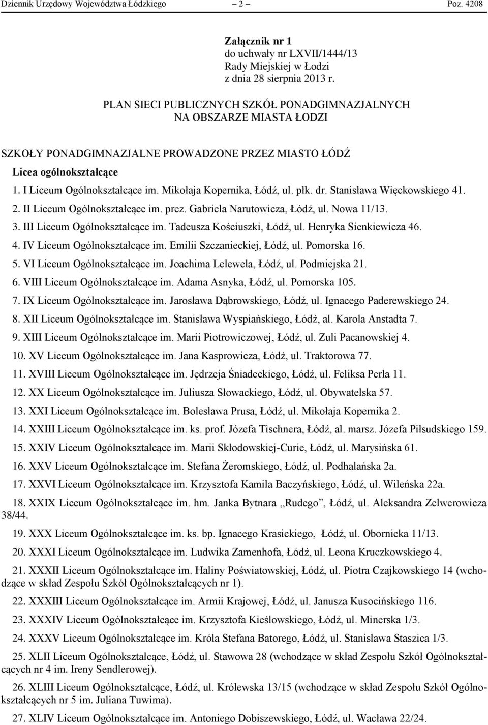 Mikołaja Kopernika, Łódź, ul. płk. dr. Stanisława Więckowskiego 41. 2. II Liceum Ogólnokształcące im. prez. Gabriela Narutowicza, Łódź, ul. Nowa 11/13. 3. III Liceum Ogólnokształcące im.