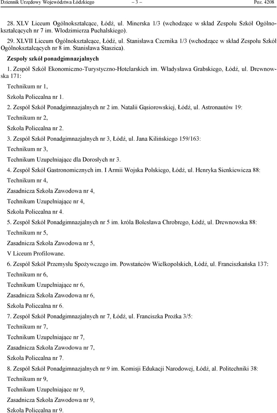 Zespół Szkół Ekonomiczno-Turystyczno-Hotelarskich im. Władysława Grabskiego, Łódź, ul. Drewnowska 171: Technikum nr 1, Szkoła Policealna nr 1. 2. Zespół Szkół Ponadgimnazjalnych nr 2 im.