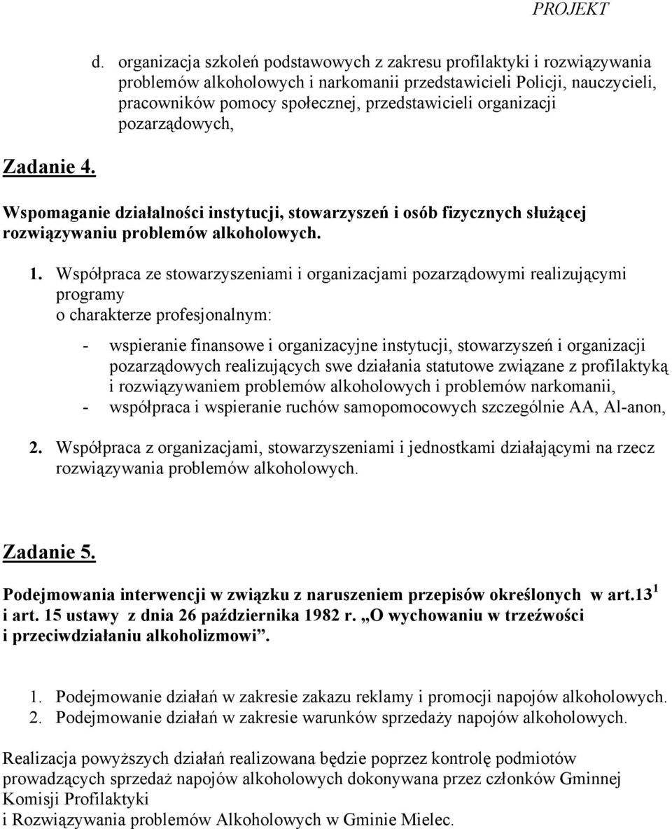 organizacji pozarządowych, Wspomaganie działalności instytucji, stowarzyszeń i osób fizycznych służącej rozwiązywaniu problemów alkoholowych. 1.