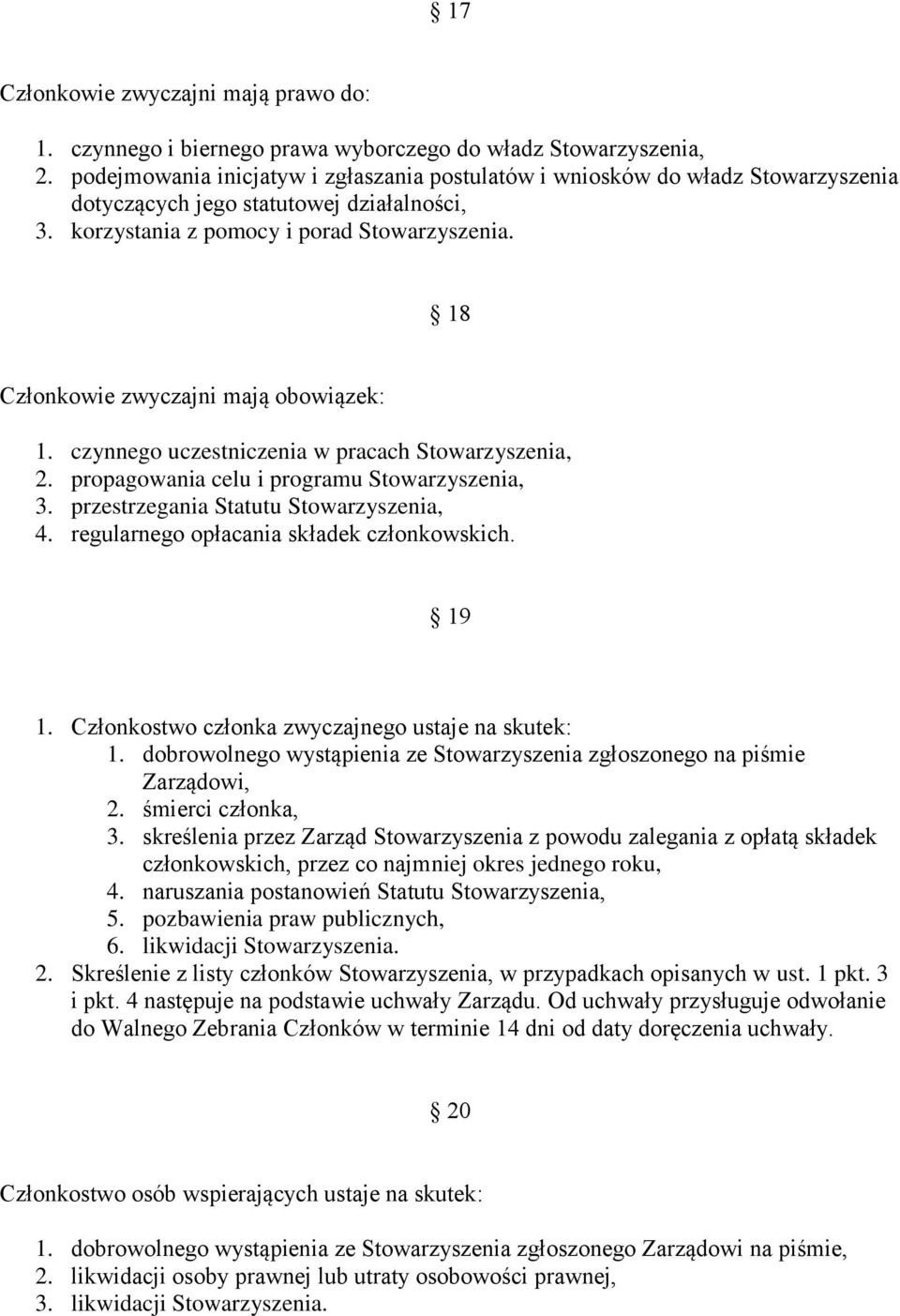 18 Członkowie zwyczajni mają obowiązek: 1. czynnego uczestniczenia w pracach Stowarzyszenia, 2. propagowania celu i programu Stowarzyszenia, 3. przestrzegania Statutu Stowarzyszenia, 4.