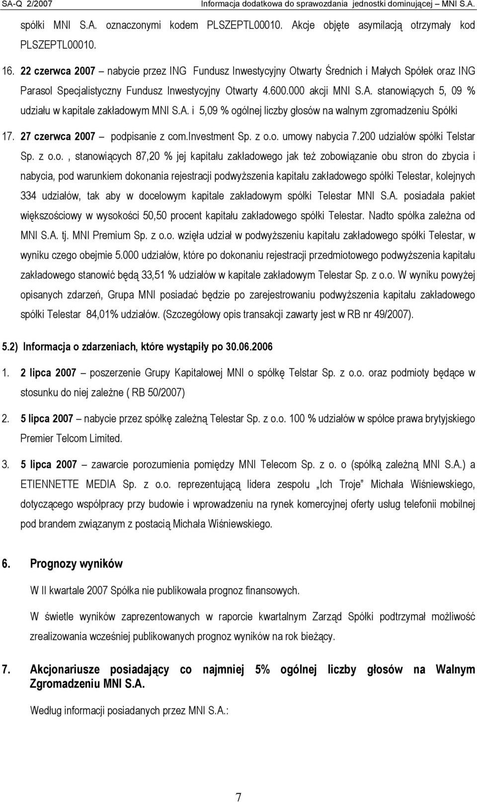 stanowiących 5, 09 % udziału w kapitale zakładowym MNI S.A. i 5,09 % ogólnej liczby głosów na walnym zgromadzeniu Spółki 17. 27 czerwca 2007 podpisanie z com.investment Sp. z o.o. umowy nabycia 7.