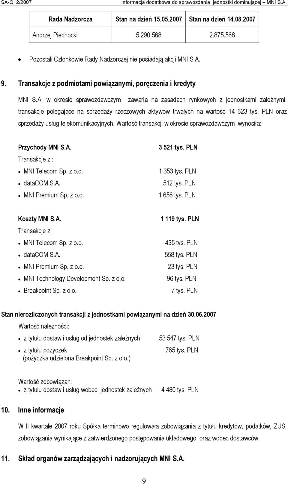 transakcje polegające na sprzedaży rzeczowych aktywów trwałych na wartość 14 623 tys. PLN oraz sprzedaży usług telekomunikacyjnych.