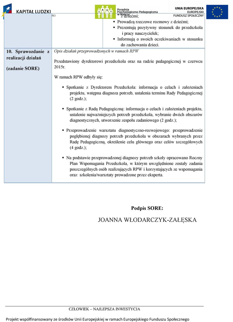 W ramach RPW odbyły się: Spotkanie z Dyrektorem Przedszkola: informacja o celach i założeniach projektu, wstępna diagnoza potrzeb, ustalenia terminu Rady Pedagogicznej (2 godz.